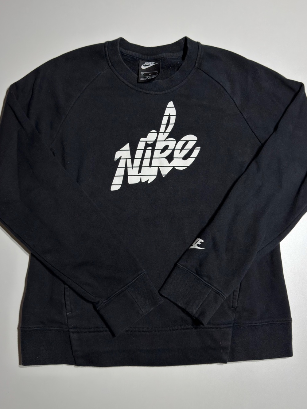 Women’s Nike Black Crewneck Sweatshirt with White barred Graphic Logo